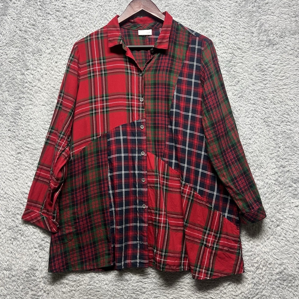 J Jill Top Womens Large‎ Red Patchwork Plaid Tunic Button Up A LIne Mixed Media